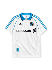 Olympique Marseille 1998/99 home jersey in white with sky blue adidas stripes and Ericsson branding