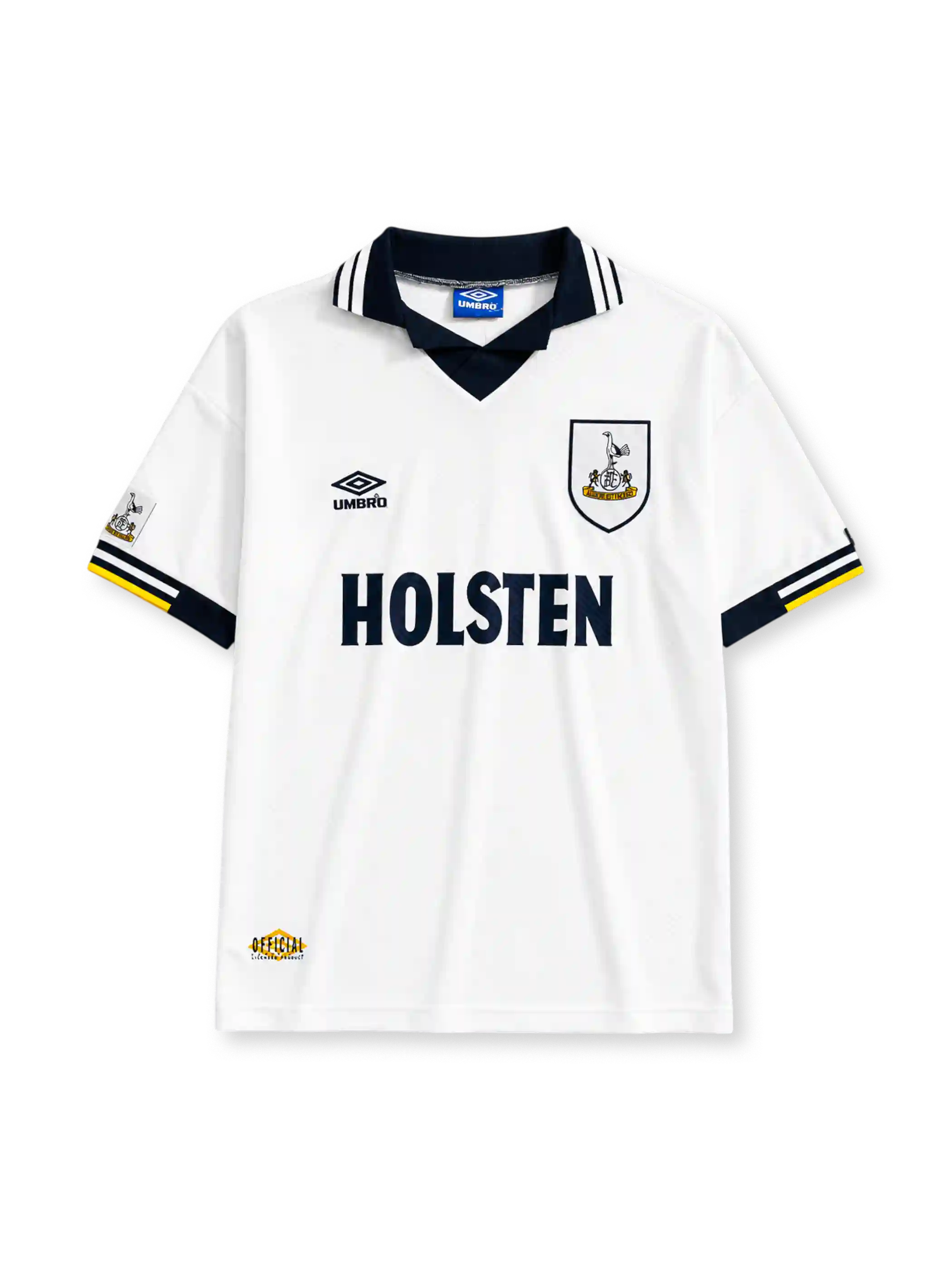 Tottenham Hotspur 1994/95 home jersey in white with navy collar detailing and Holsten sponsor branding