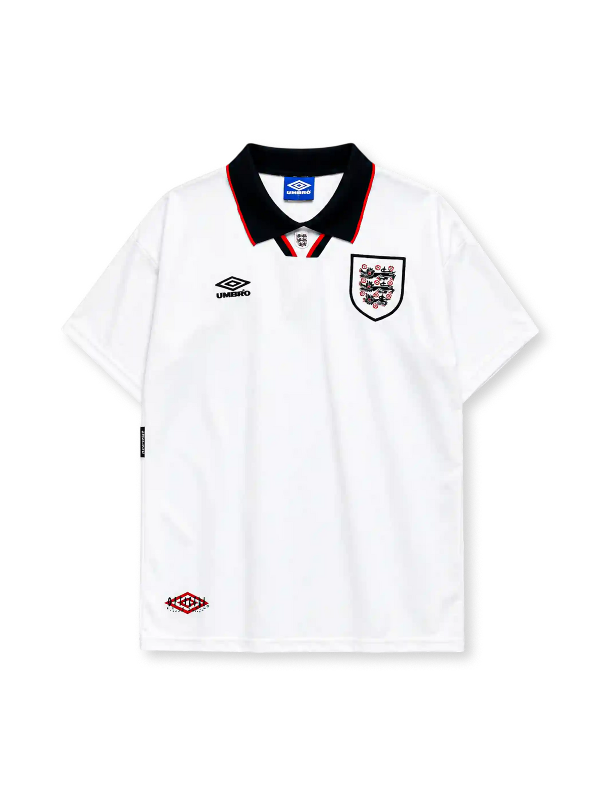 England 1994/95 home jersey in white with black collar trim and Three Lions crest