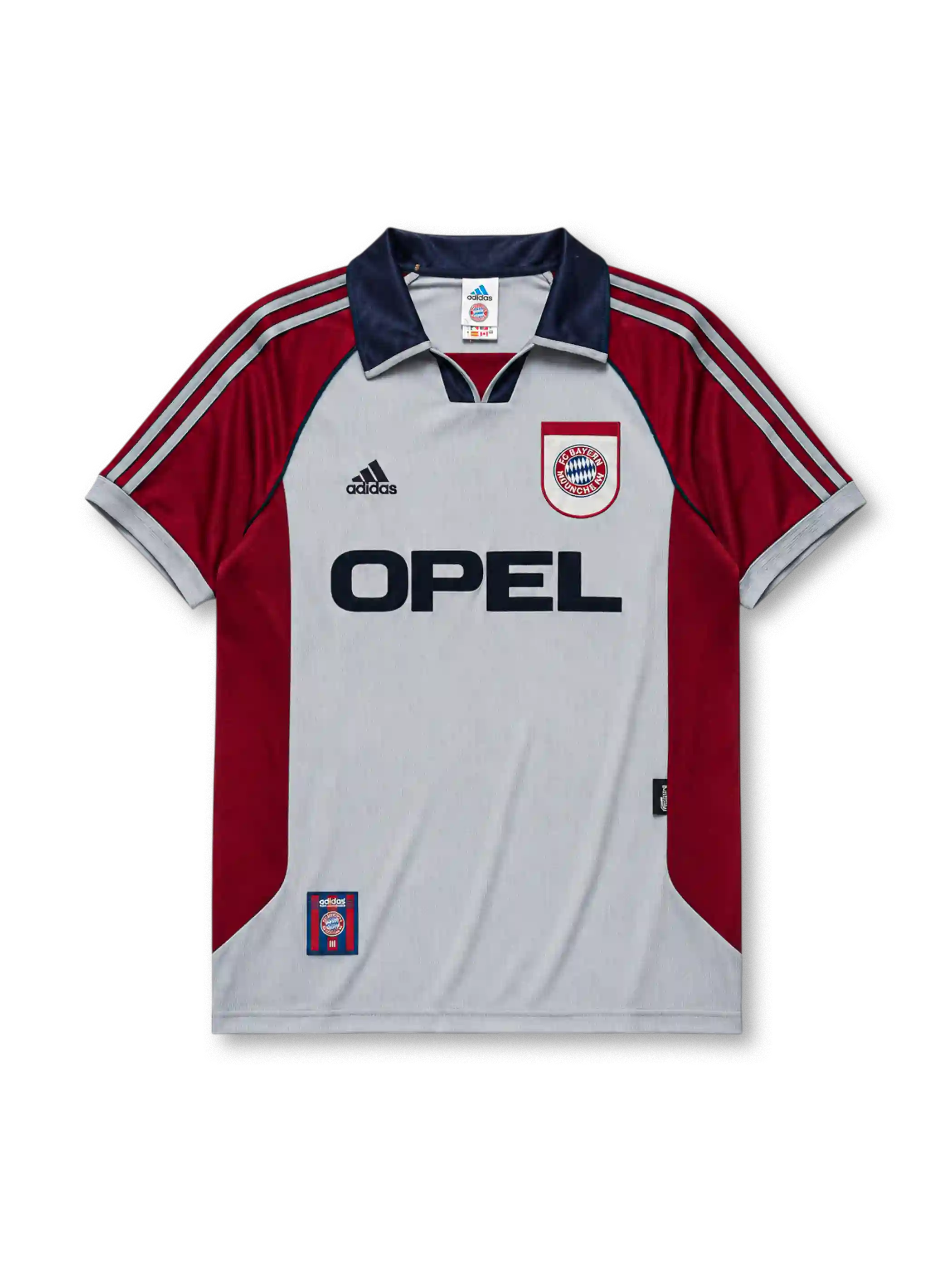 Bayern Munich 1998/99 away jersey in grey with burgundy panels and Opel sponsor branding