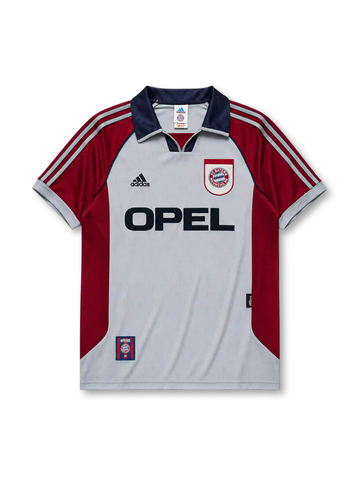 Bayern Munich 1998/99 away jersey in grey with burgundy panels and Opel sponsor branding