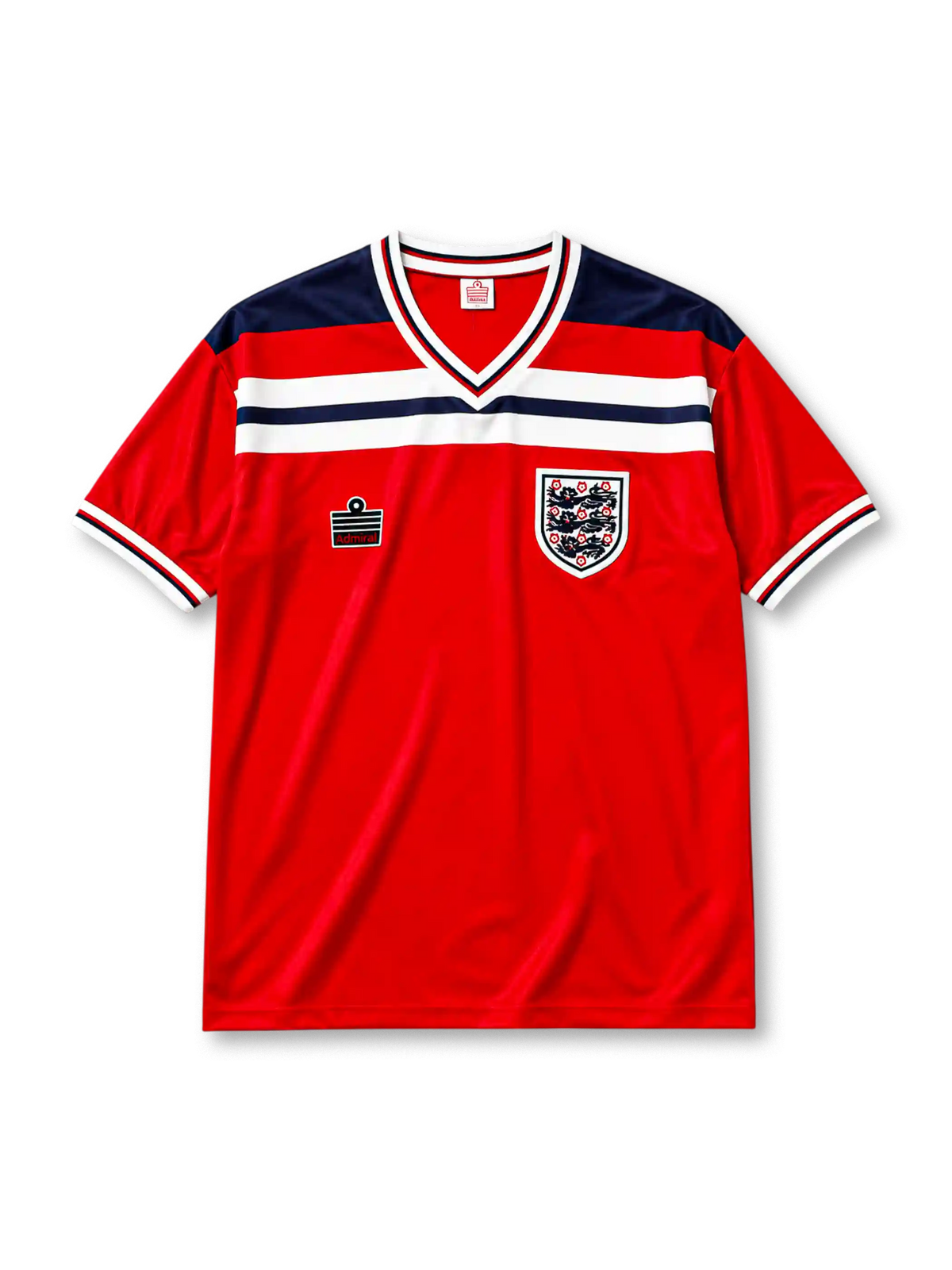 England 1982 World Cup away jersey in red with navy and white chest band and Three Lions crest