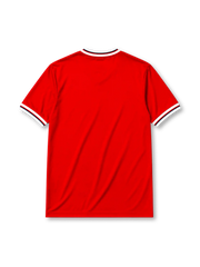 England 1982 World Cup away jersey in red with navy and white chest band and Three Lions crest