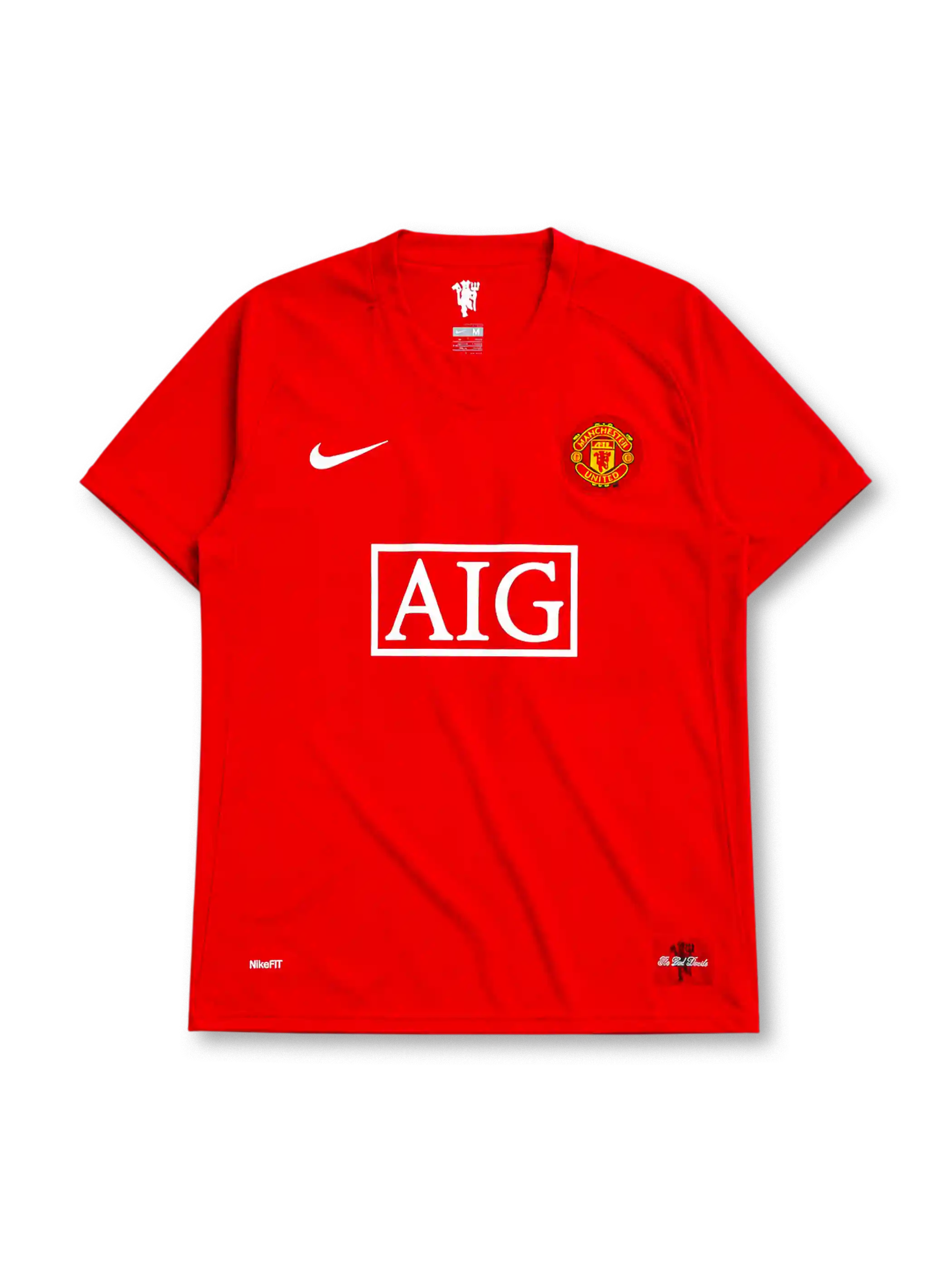 Manchester United 2007/08 home league version jersey in red with rounded crest and AIG sponsor branding