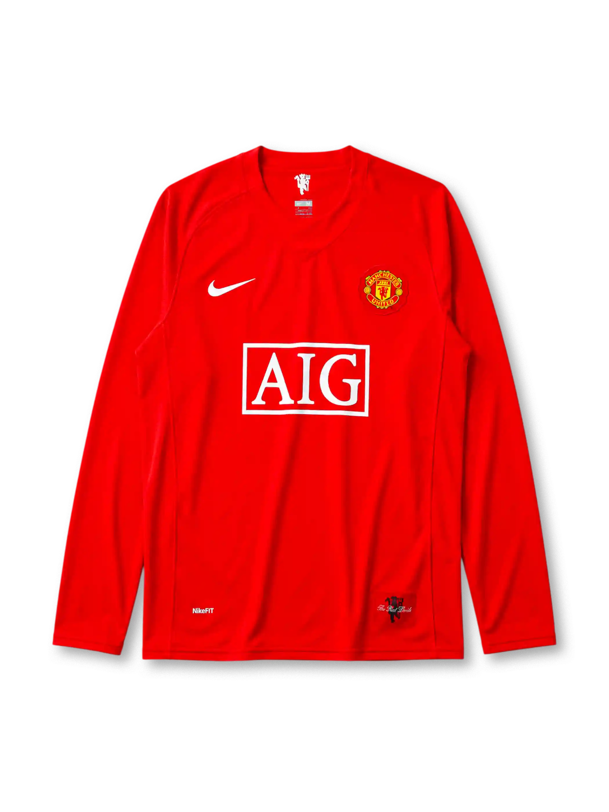 Manchester United 2007/08 home long sleeve league version jersey in red with rounded crest and AIG sponsor branding