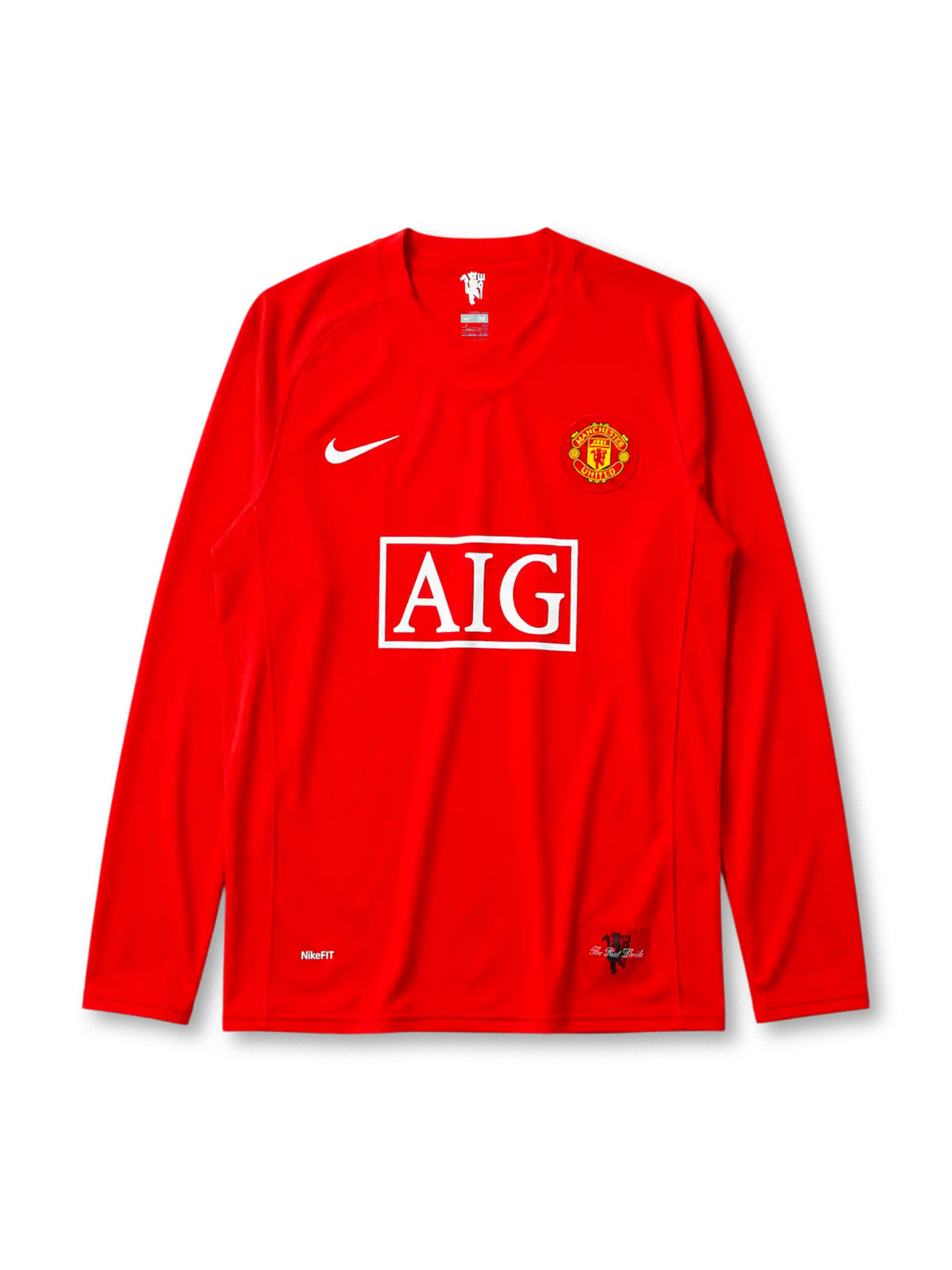 Manchester United 2007/08 home long sleeve league version jersey in red with rounded crest and AIG sponsor branding