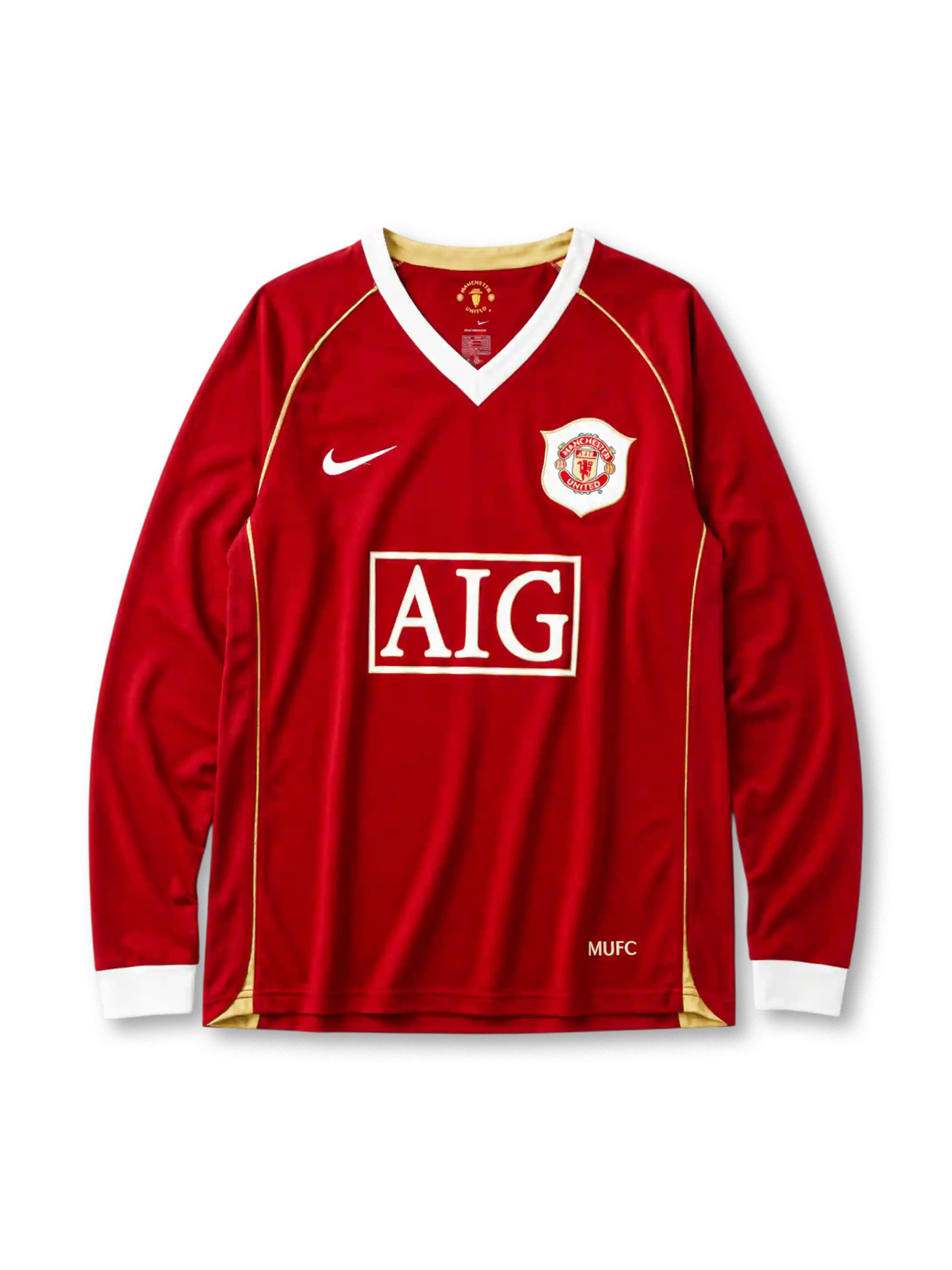 Manchester United 2006/07 home long sleeve jersey in red with gold piping and AIG sponsor branding