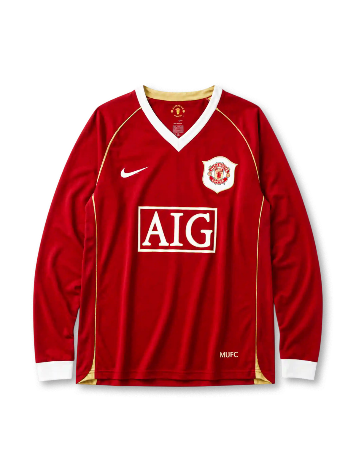 Manchester United 2006/07 home long sleeve jersey in red with gold piping and AIG sponsor branding
