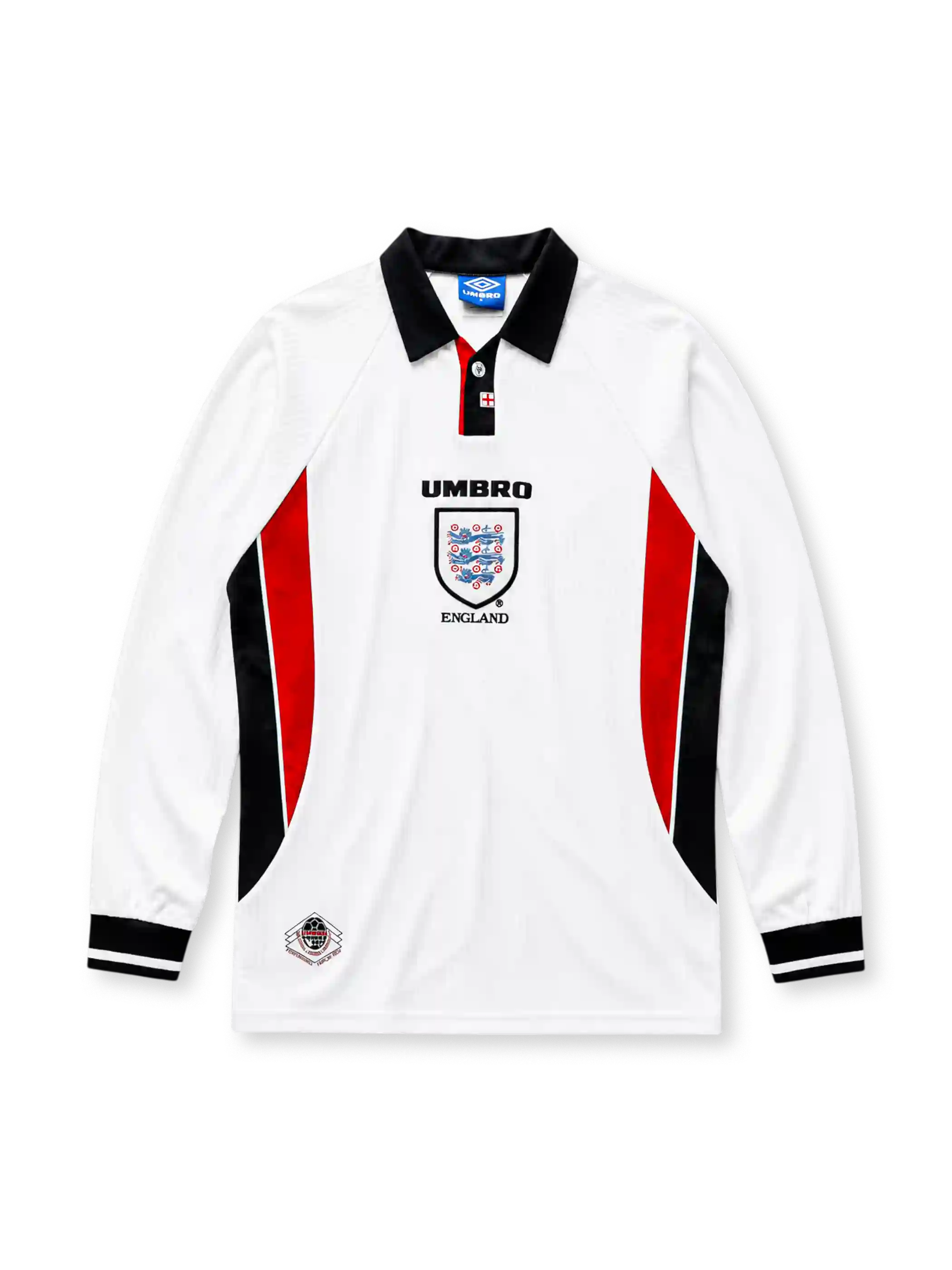 England 1998 World Cup home long sleeve jersey in white with red and black side panels