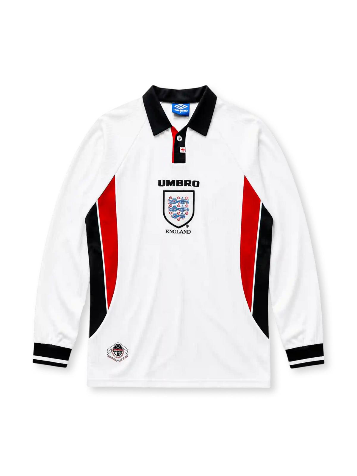 England 1998 World Cup home long sleeve jersey in white with red and black side panels