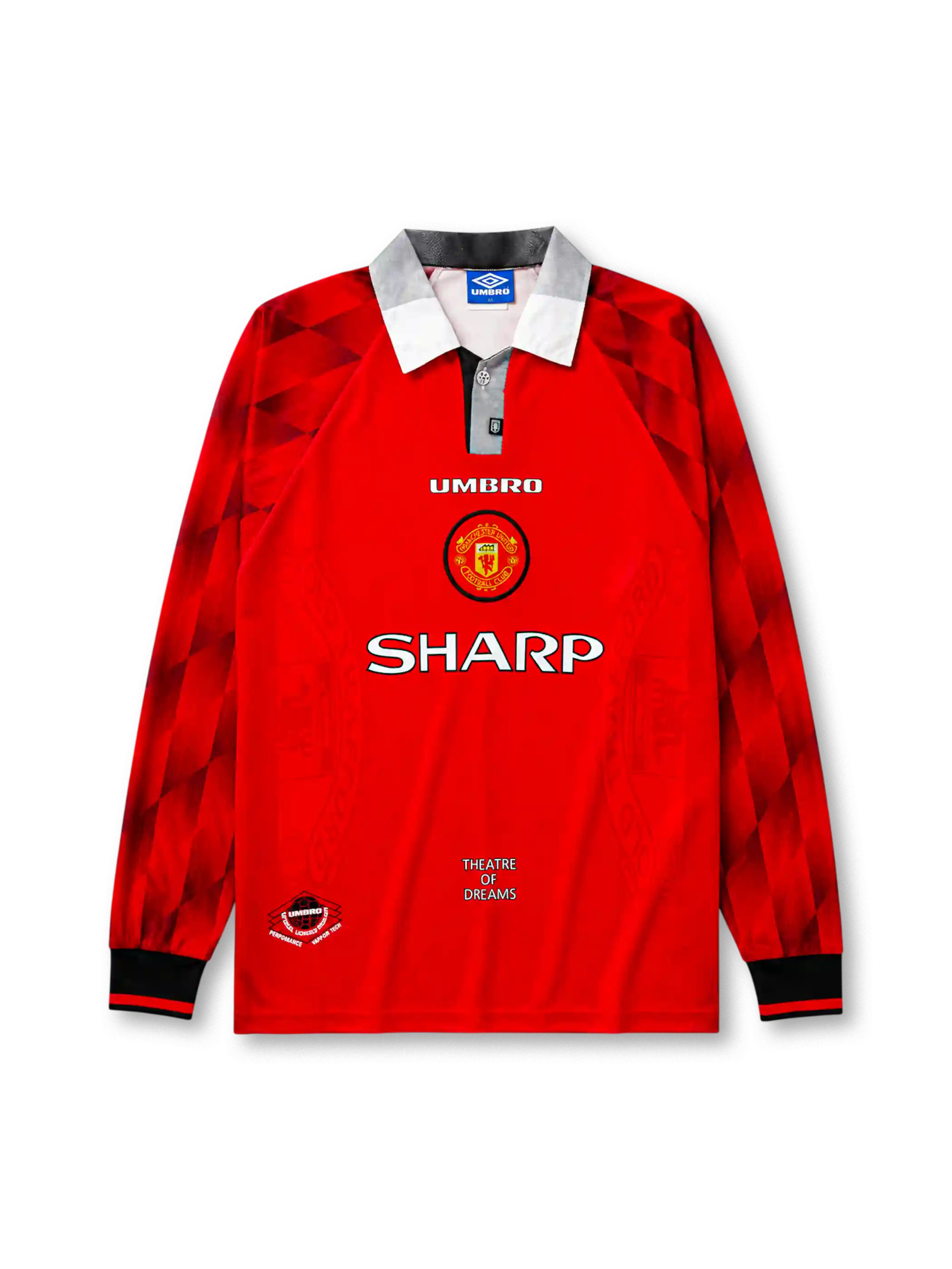 Manchester United 1996/97 home long sleeve jersey in red with diamond sleeve pattern and Sharp branding