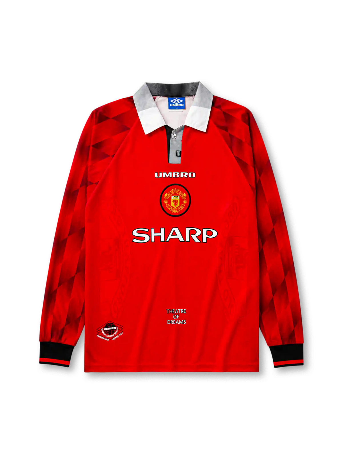 Manchester United 1996/97 home long sleeve jersey in red with diamond sleeve pattern and Sharp branding
