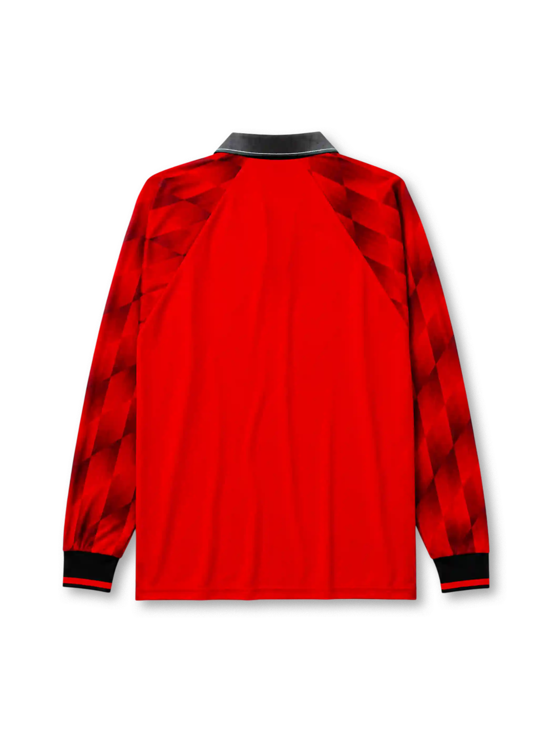 Manchester United 1996/97 home long sleeve jersey in red with diamond sleeve pattern and Sharp branding