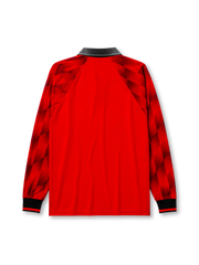 Manchester United 1996/97 home long sleeve jersey in red with diamond sleeve pattern and Sharp branding
