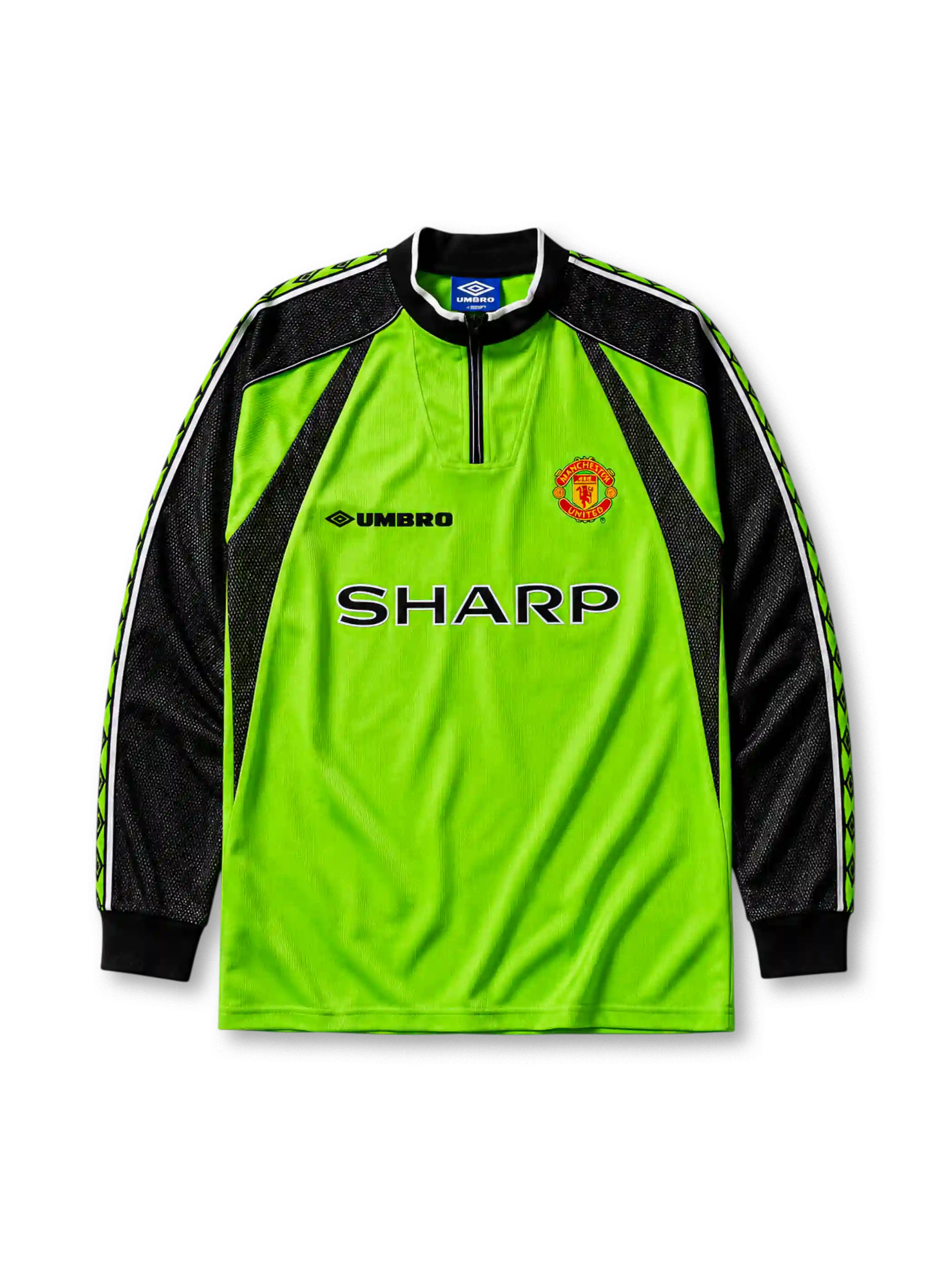 Manchester United 1998/99 goalkeeper jersey in neon green with black mesh panels and Sharp sponsor branding