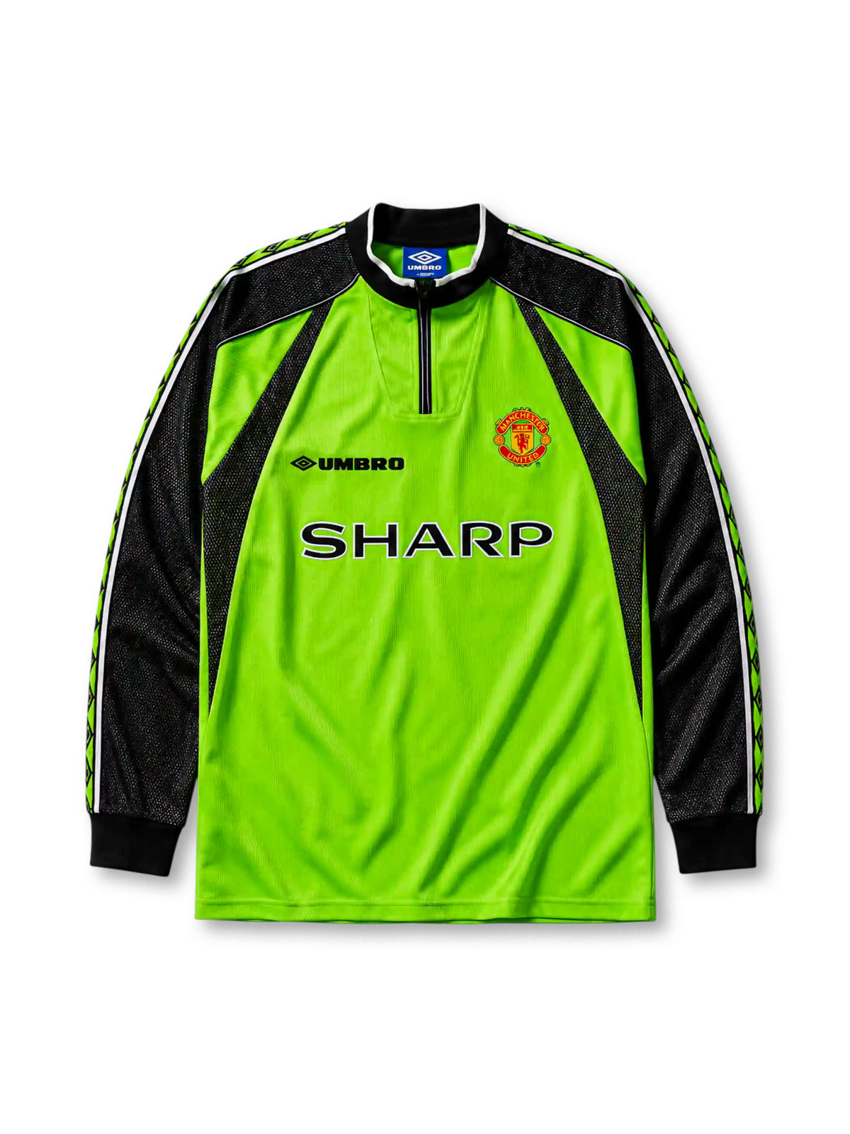 Manchester United 1998/99 goalkeeper jersey in neon green with black mesh panels and Sharp sponsor branding