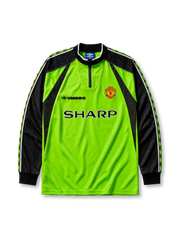 Manchester United 1998/99 goalkeeper jersey in neon green with black mesh panels and Sharp sponsor branding