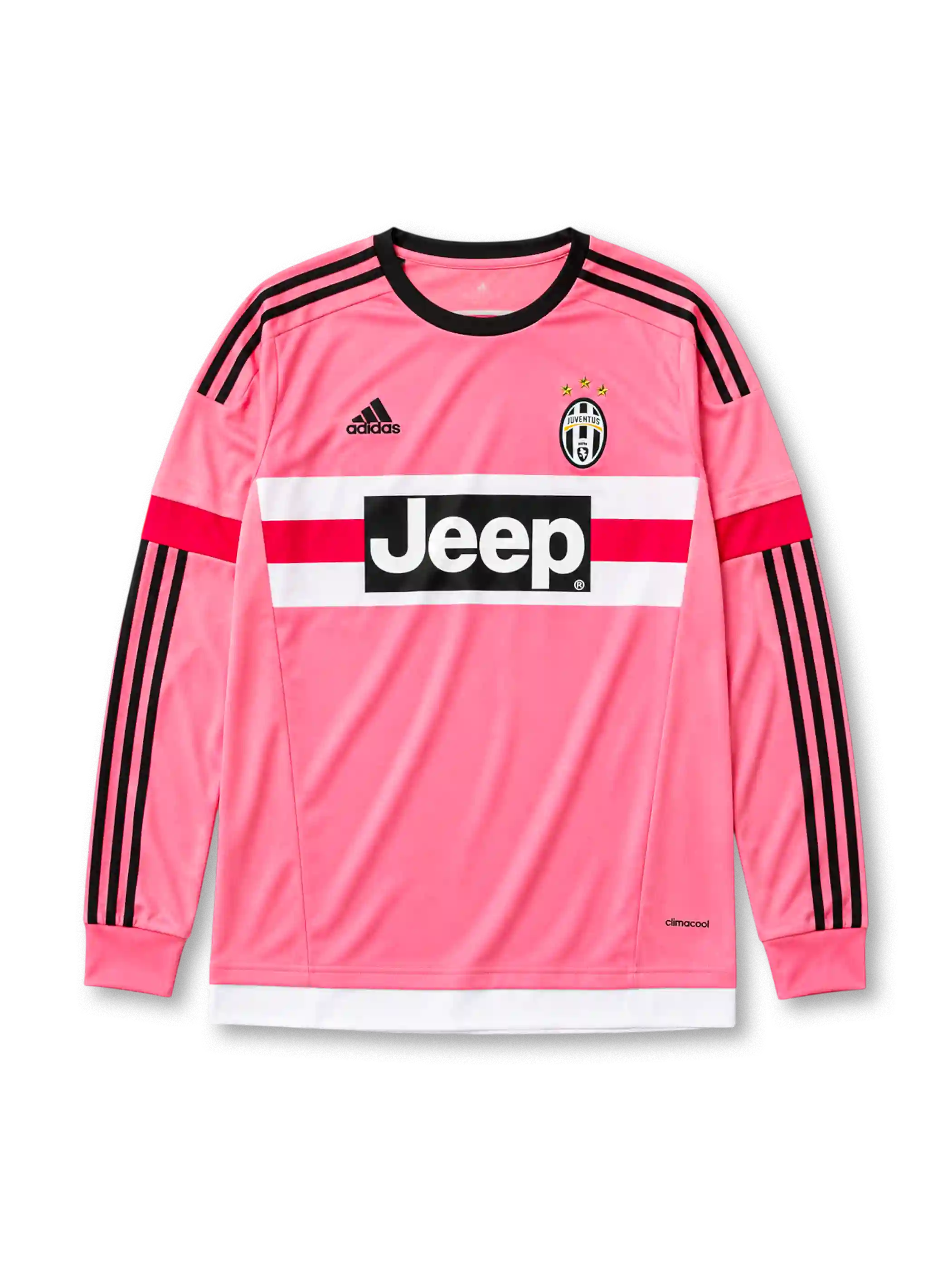 Juventus 2015/16 away long sleeve jersey in pink and black with Jeep sponsor branding