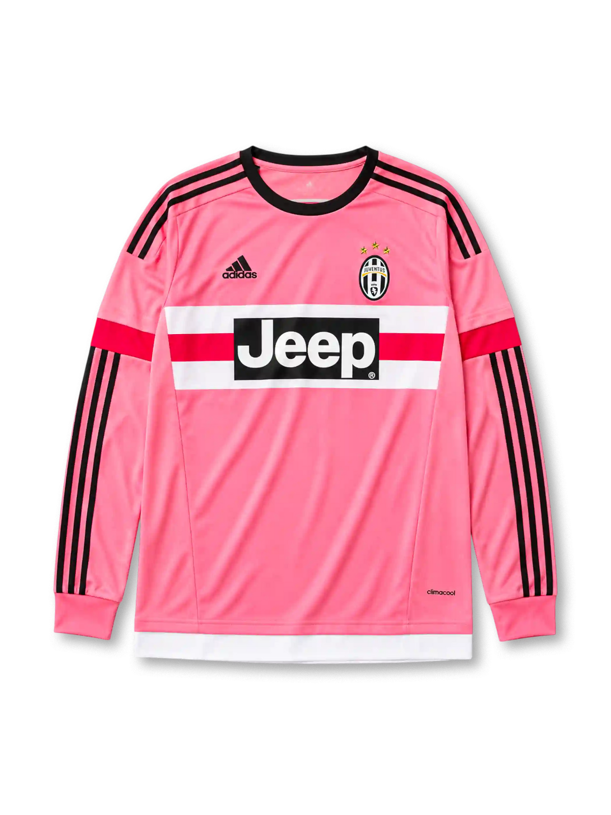 Juventus 2015/16 away long sleeve jersey in pink and black with Jeep sponsor branding