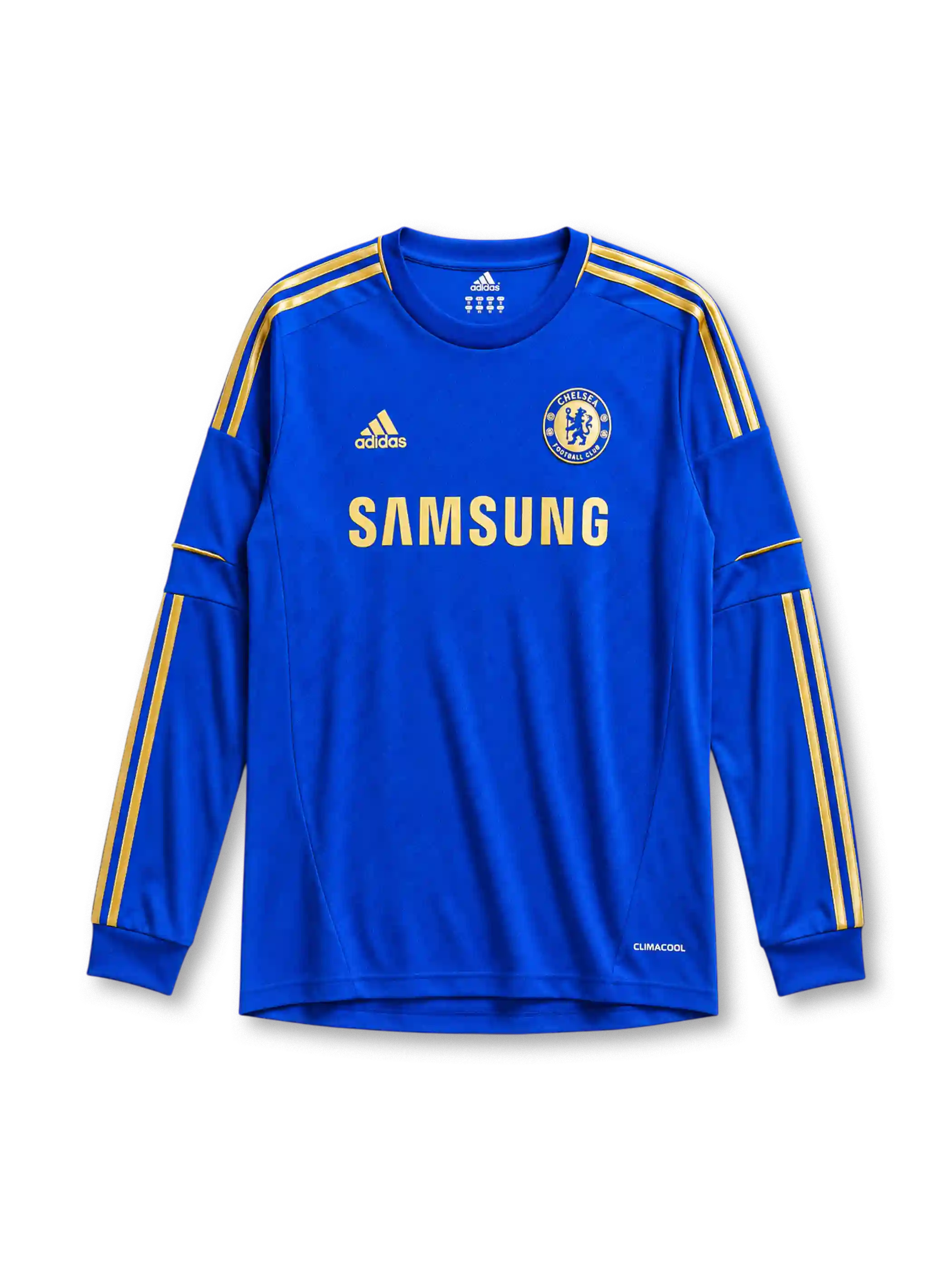 Chelsea 2012/13 home long sleeve jersey in blue with gold adidas stripes and Samsung sponsor branding