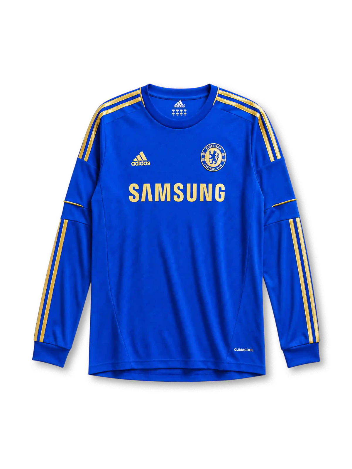 Chelsea 2012/13 home long sleeve jersey in blue with gold adidas stripes and Samsung sponsor branding