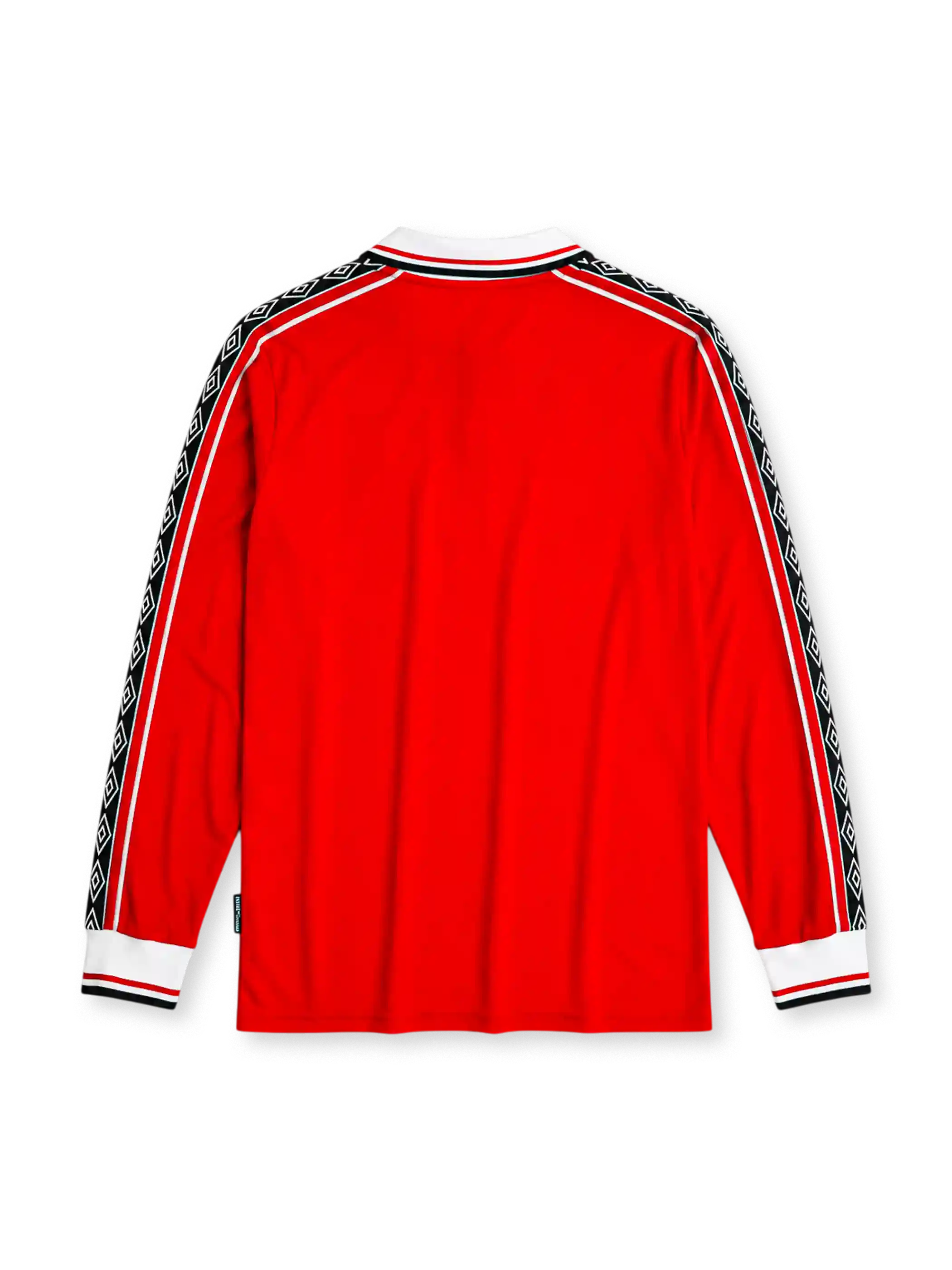 Manchester United 1998/99 home long sleeve jersey in red with diamond-pattern sleeve tape and Sharp branding