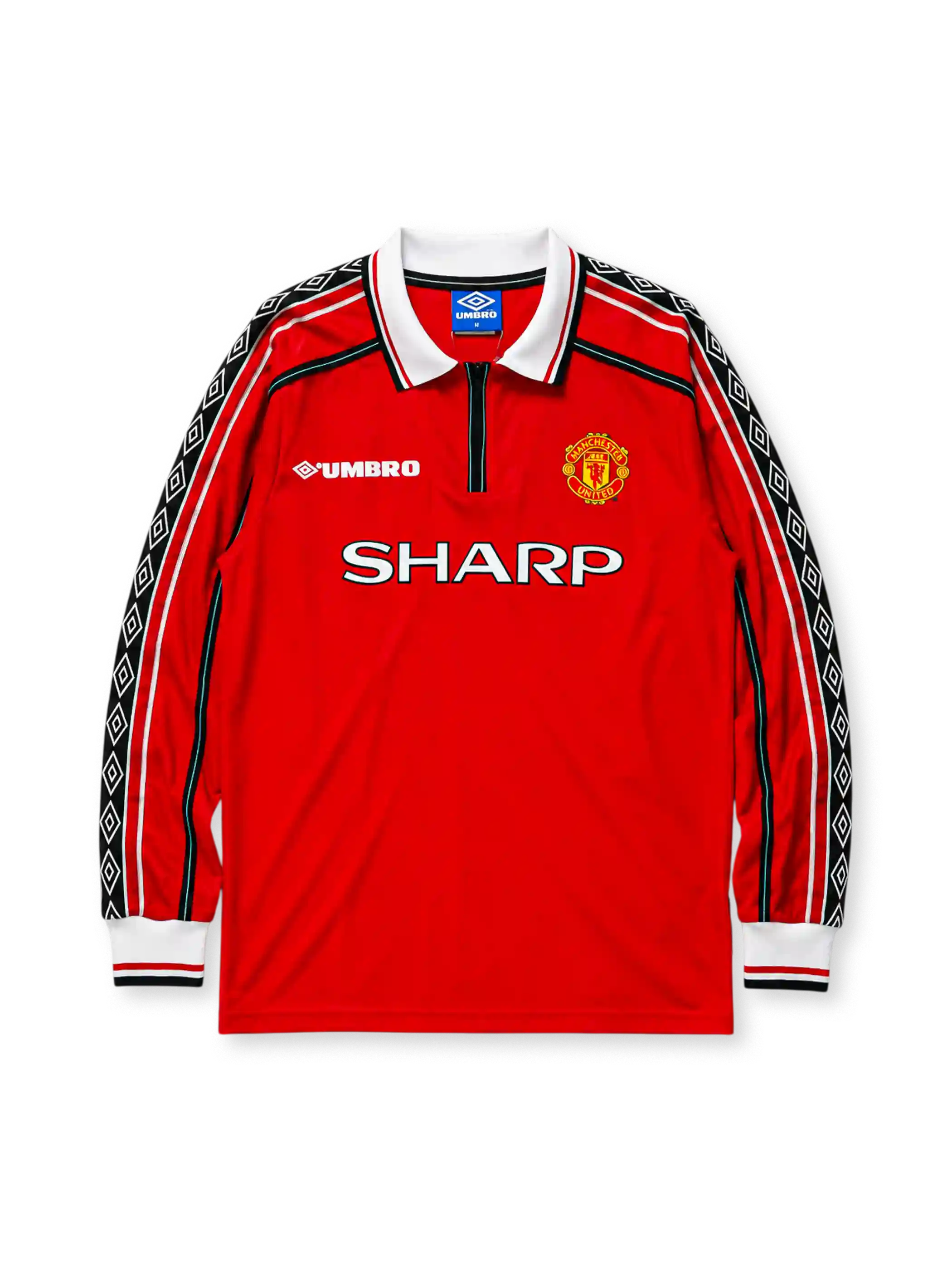 Manchester United 1998/99 home long sleeve jersey in red with diamond-pattern sleeve tape and Sharp branding