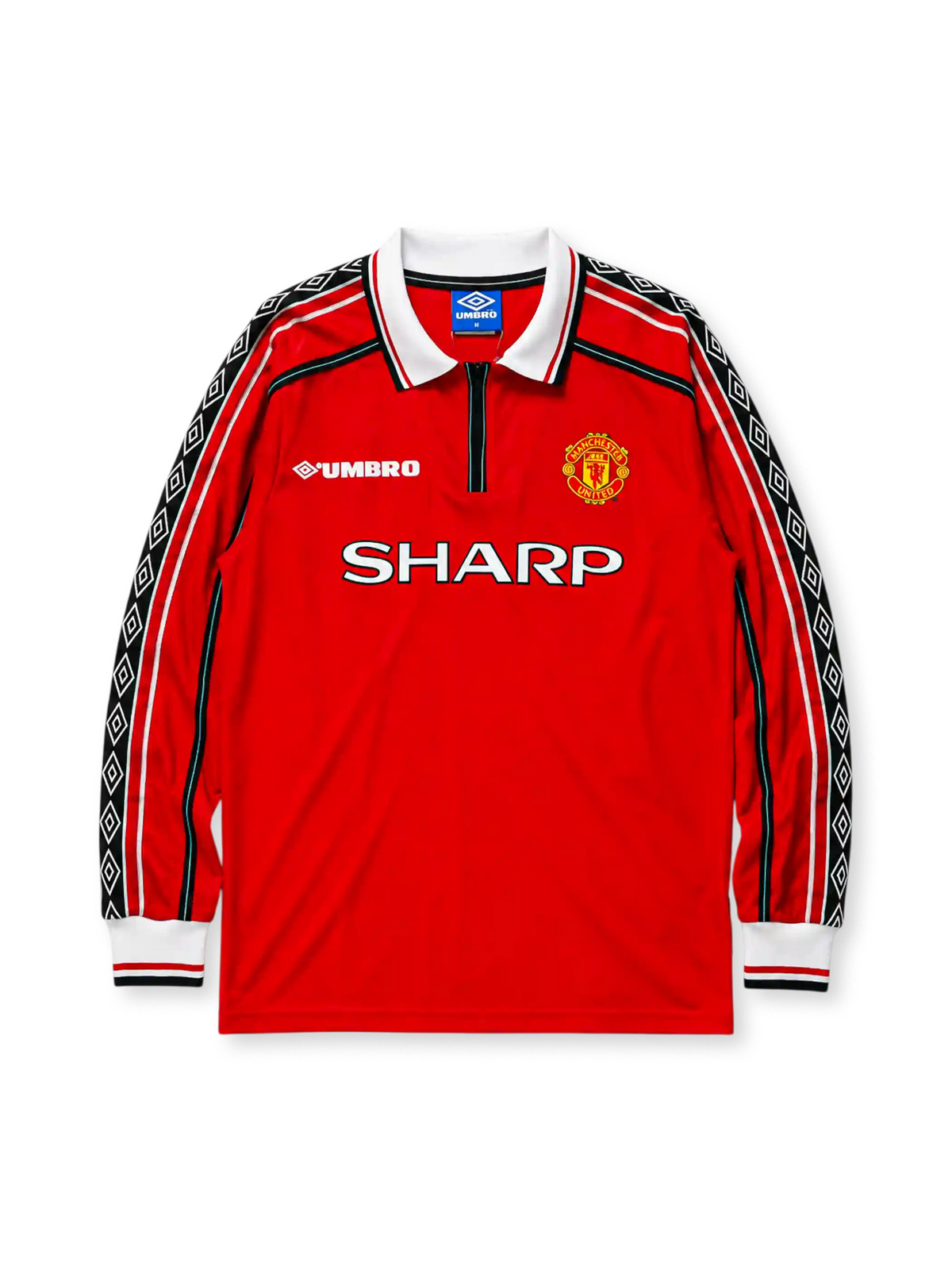 Manchester United 1998/99 home long sleeve jersey in red with diamond-pattern sleeve tape and Sharp branding
