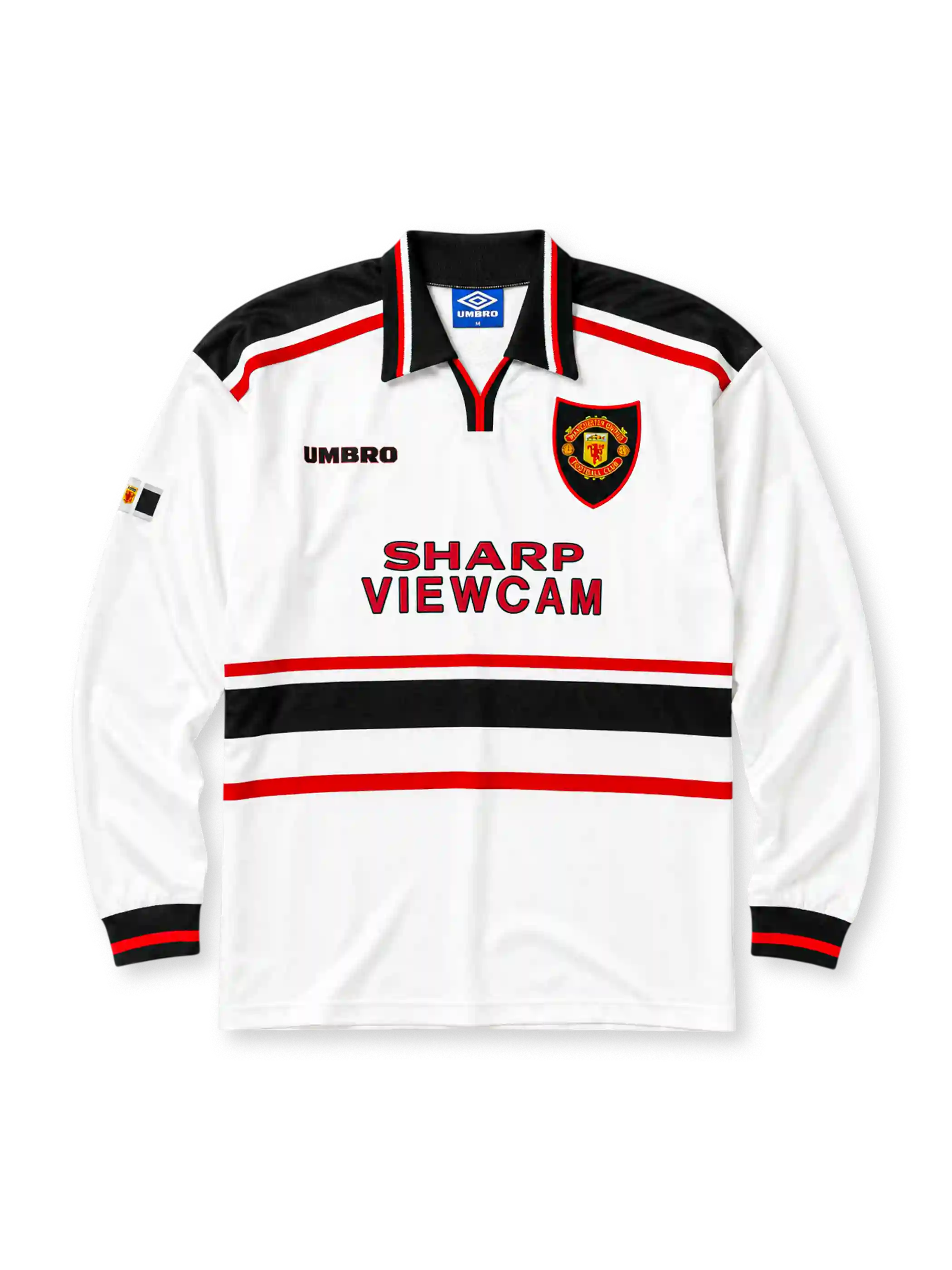 Manchester United 1998/99 away long sleeve jersey in white with black waist stripe and Sharp Viewcam branding
