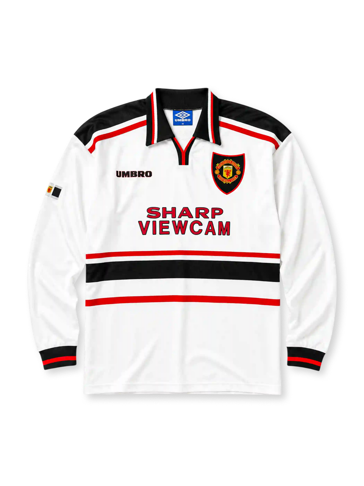 Manchester United 1998/99 away long sleeve jersey in white with black waist stripe and Sharp Viewcam branding