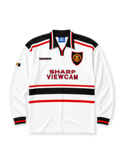 Manchester United 1998/99 away long sleeve jersey in white with black waist stripe and Sharp Viewcam branding