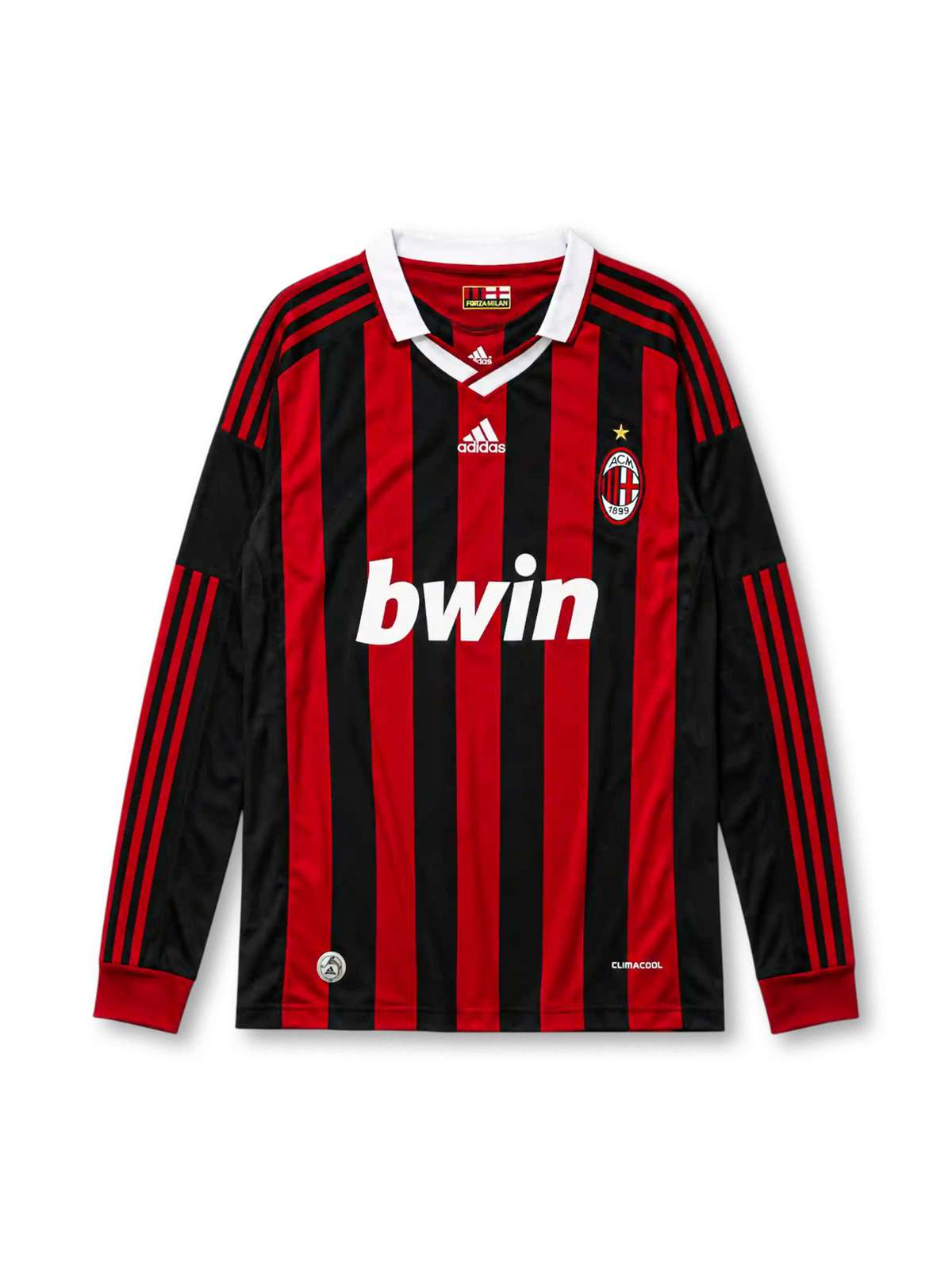 AC Milan 2009/10 home long sleeve jersey in red and black stripes with Forza Milan collar tag and bwin branding