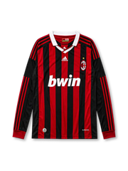 AC Milan 2009/10 home long sleeve jersey in red and black stripes with Forza Milan collar tag and bwin branding