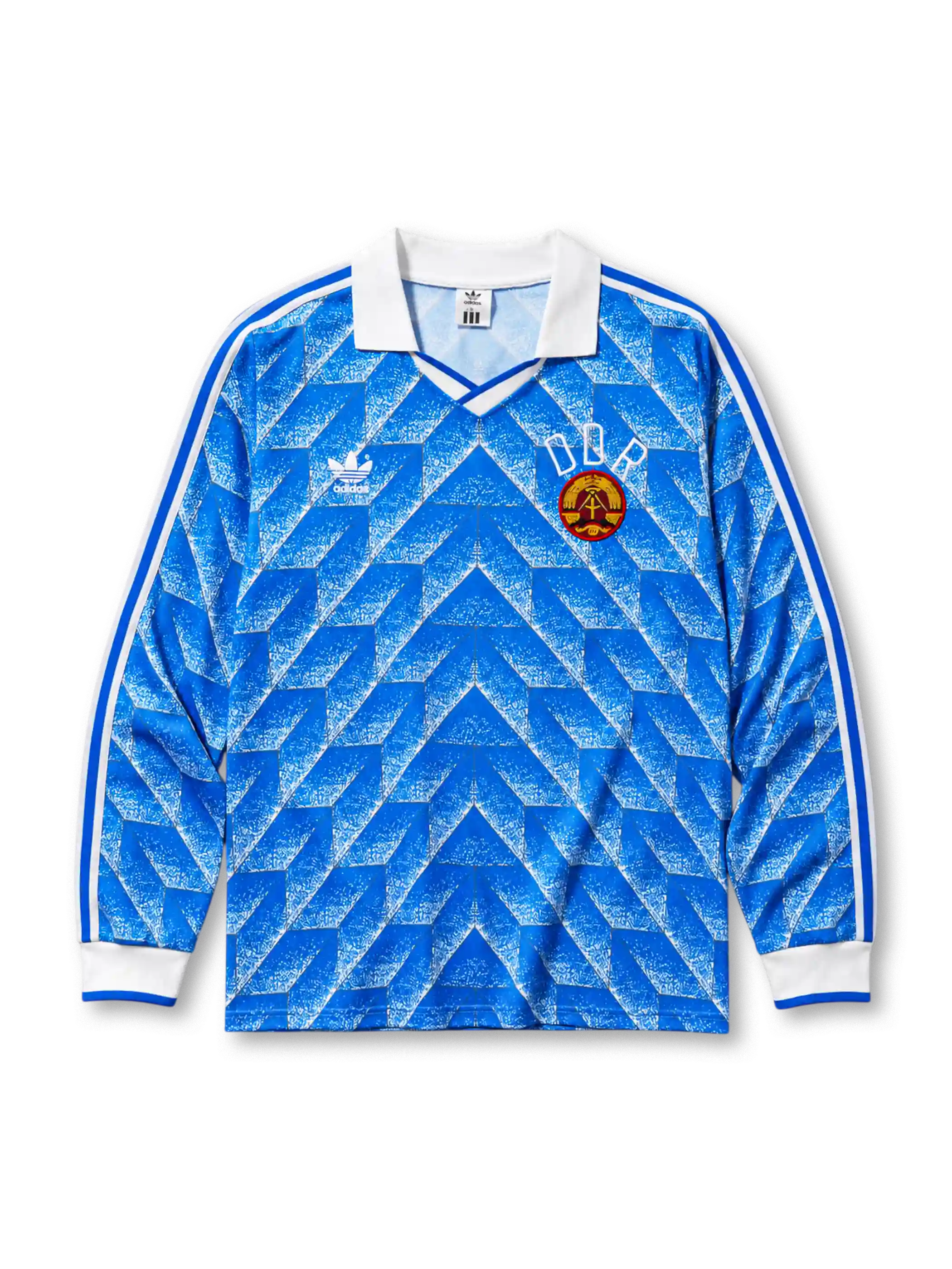 East Germany DDR 1988 home long sleeve jersey with blue geometric fractal print and national emblem