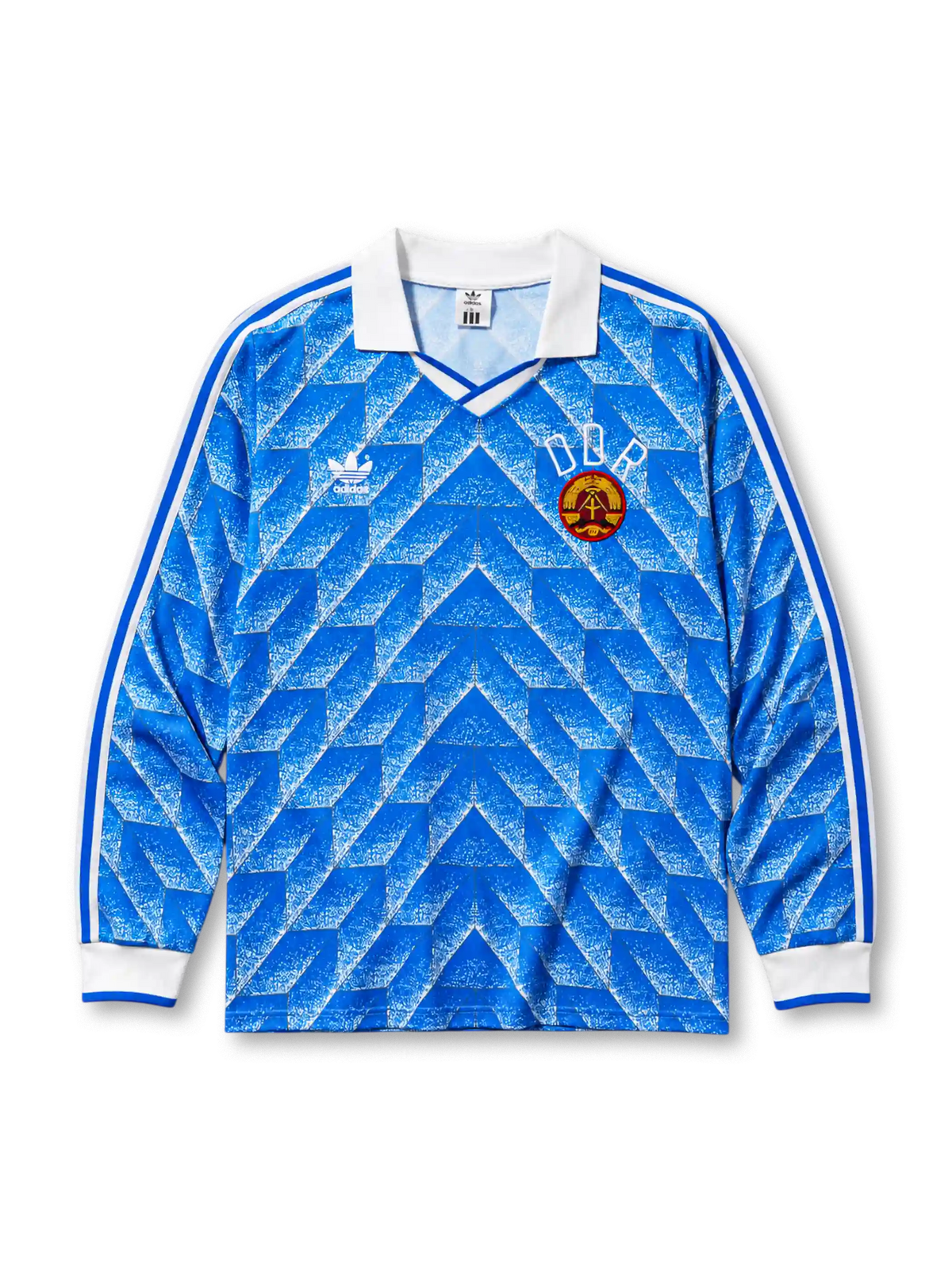 East Germany DDR 1988 home long sleeve jersey with blue geometric fractal print and national emblem