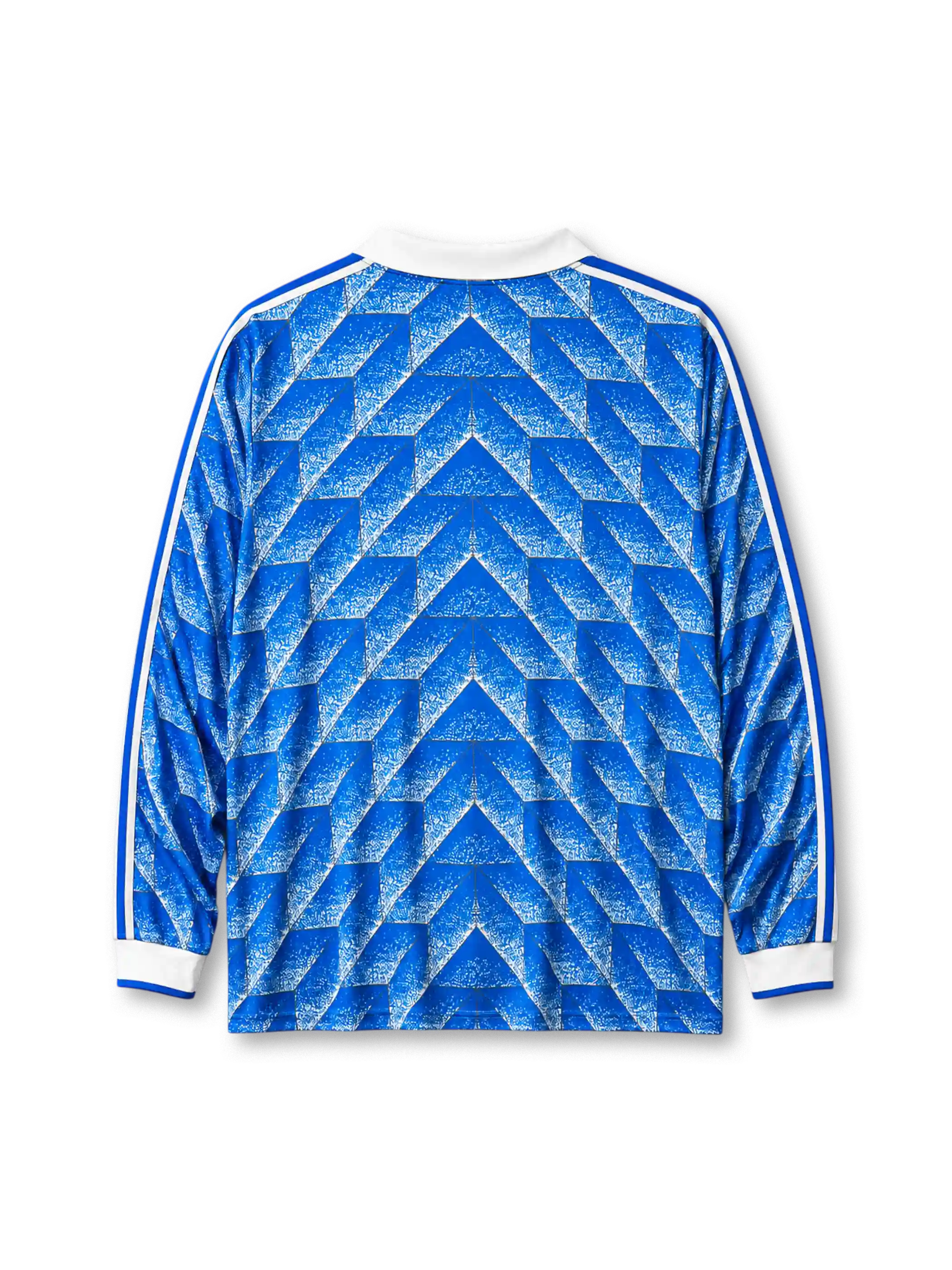 East Germany DDR 1988 home long sleeve jersey with blue geometric fractal print and national emblem