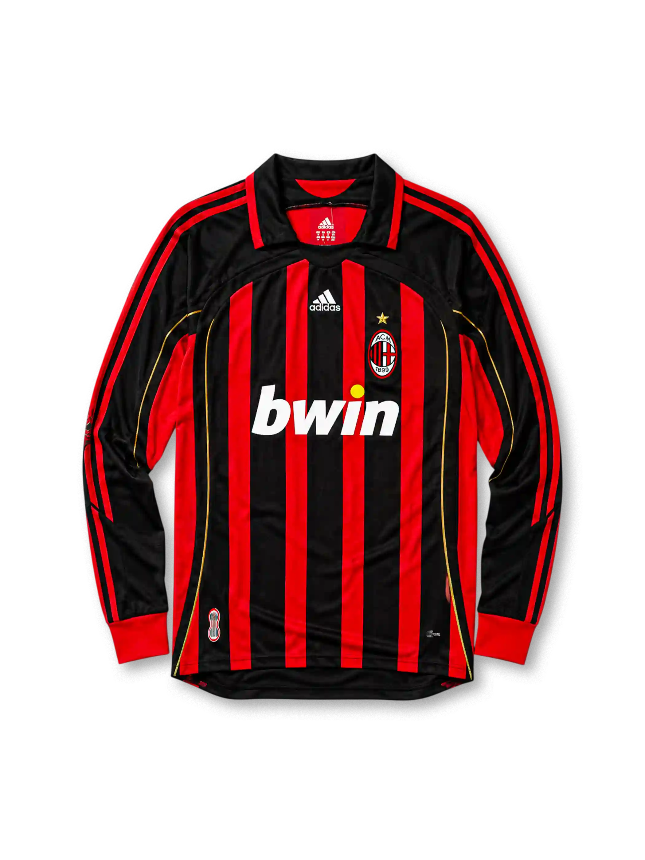 AC Milan 2006/07 home long sleeve jersey in red and black stripes with gold piping and bwin branding