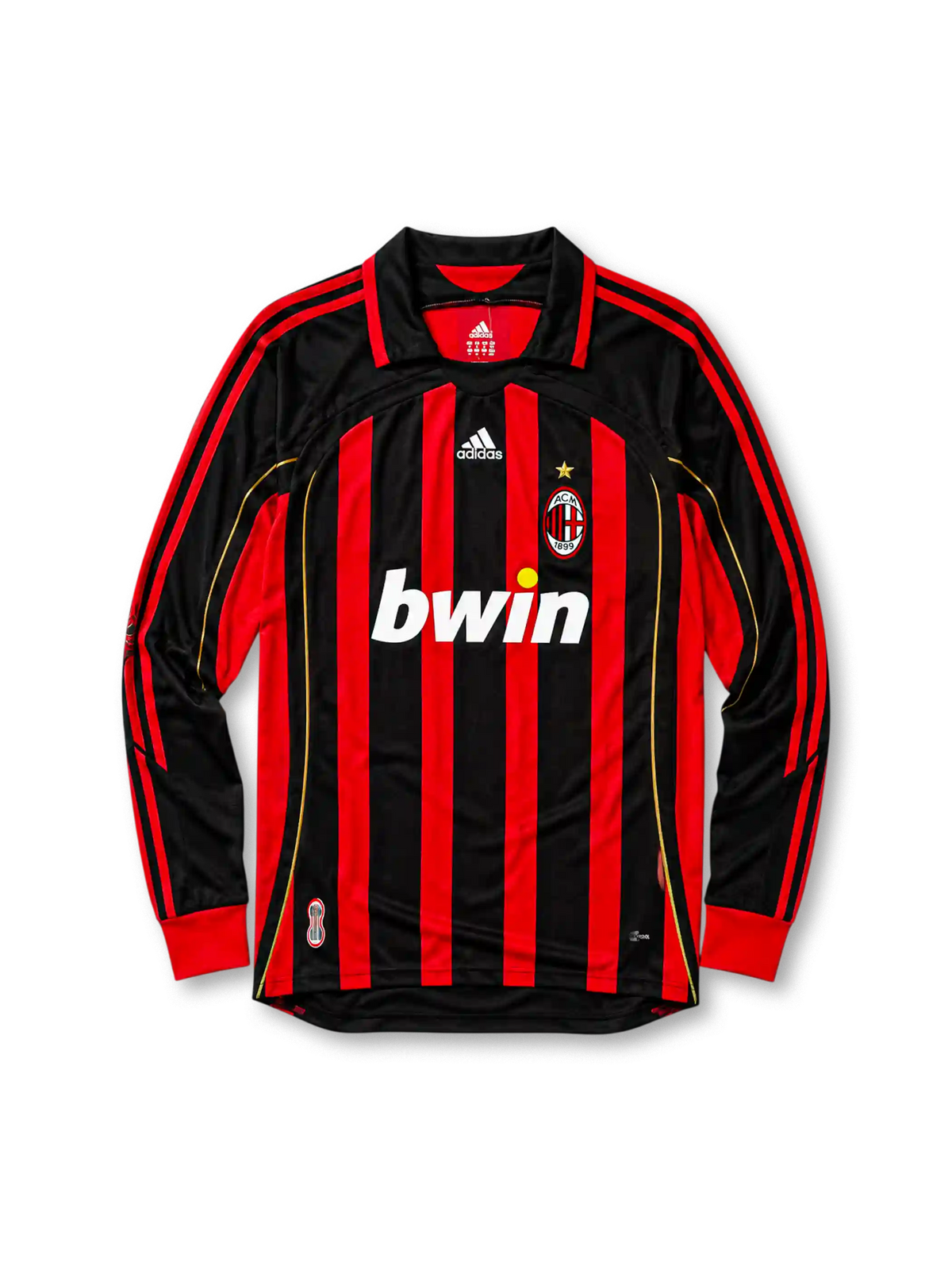 AC Milan 2006/07 home long sleeve jersey in red and black stripes with gold piping and bwin branding