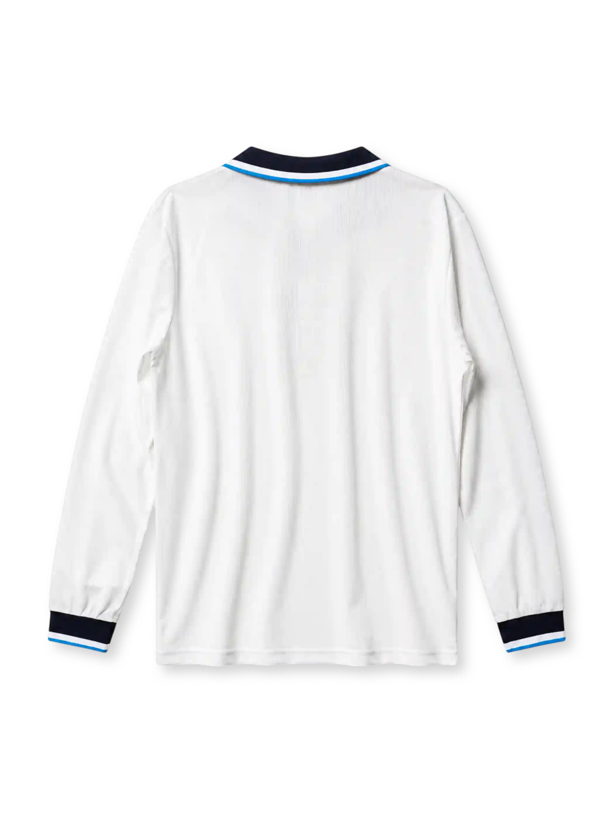 England 1996 home long sleeve jersey in white with navy and sky blue collar trim and Three Lions crest