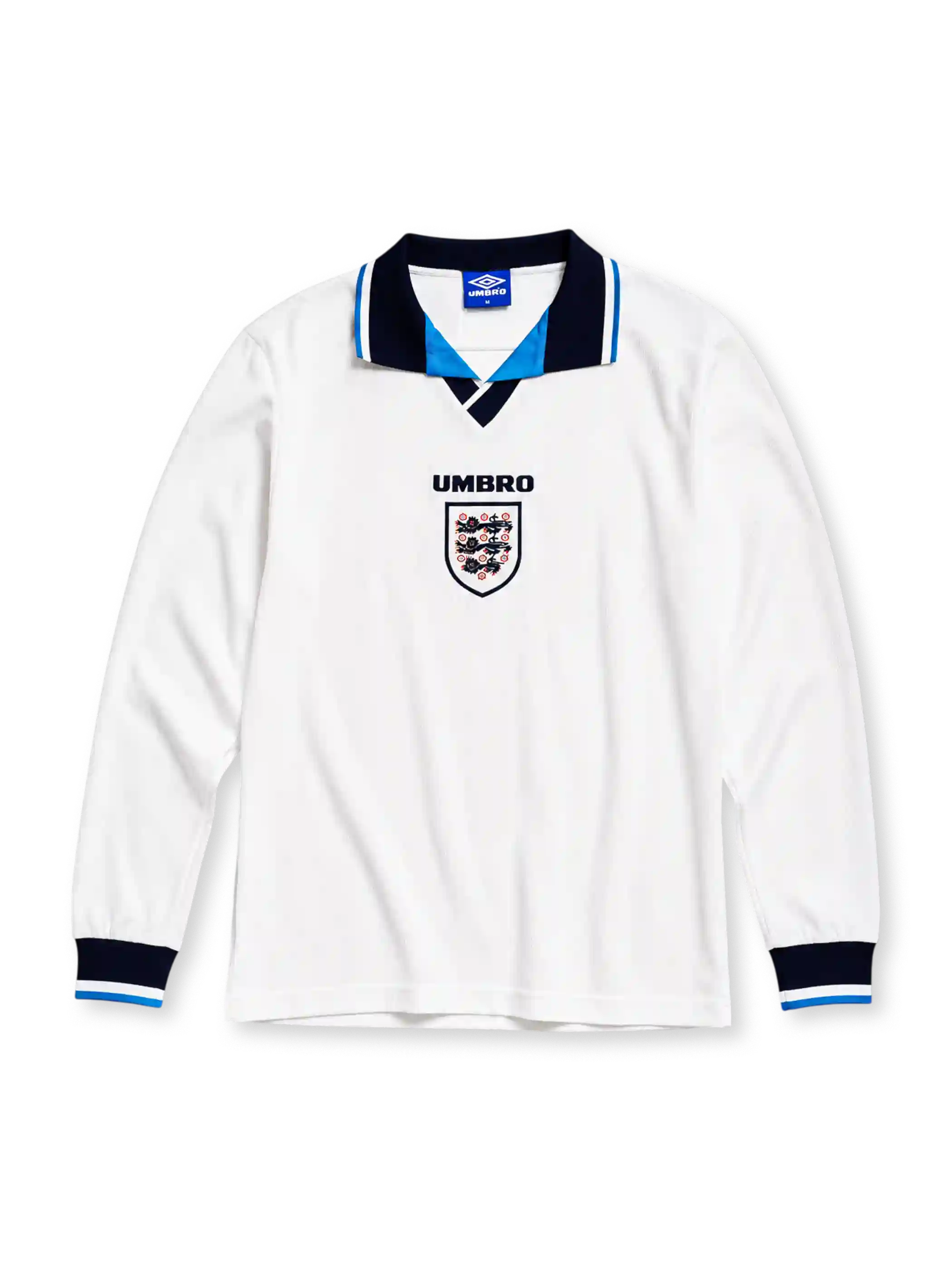 England 1996 home long sleeve jersey in white with navy and sky blue collar trim and Three Lions crest