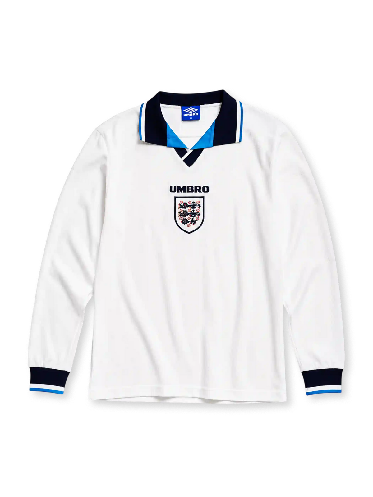 England 1996 home long sleeve jersey in white with navy and sky blue collar trim and Three Lions crest
