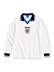 England 1996 home long sleeve jersey in white with navy and sky blue collar trim and Three Lions crest