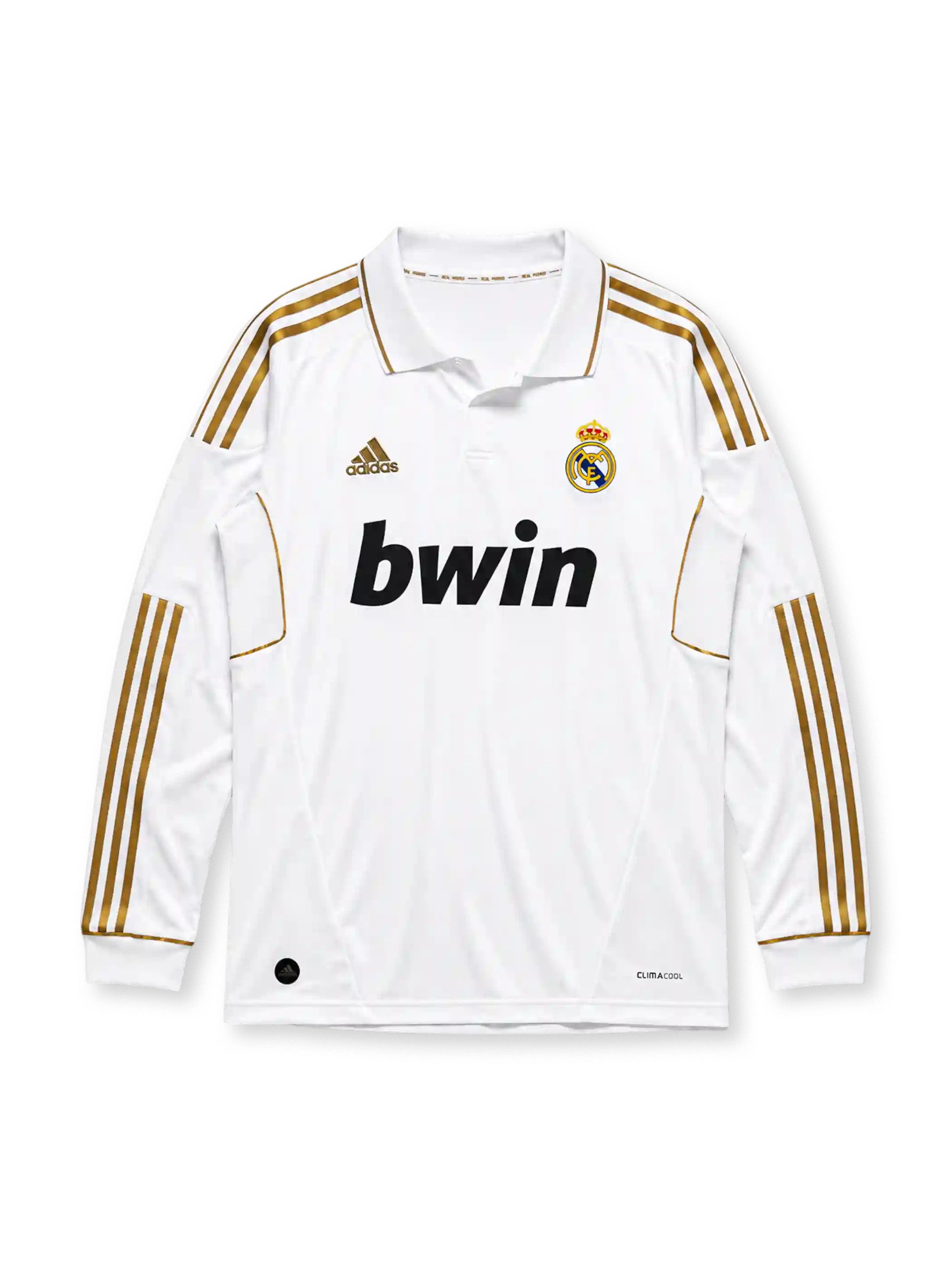 Real Madrid 2011/12 home long sleeve jersey in white with gold adidas stripes and bwin sponsor branding