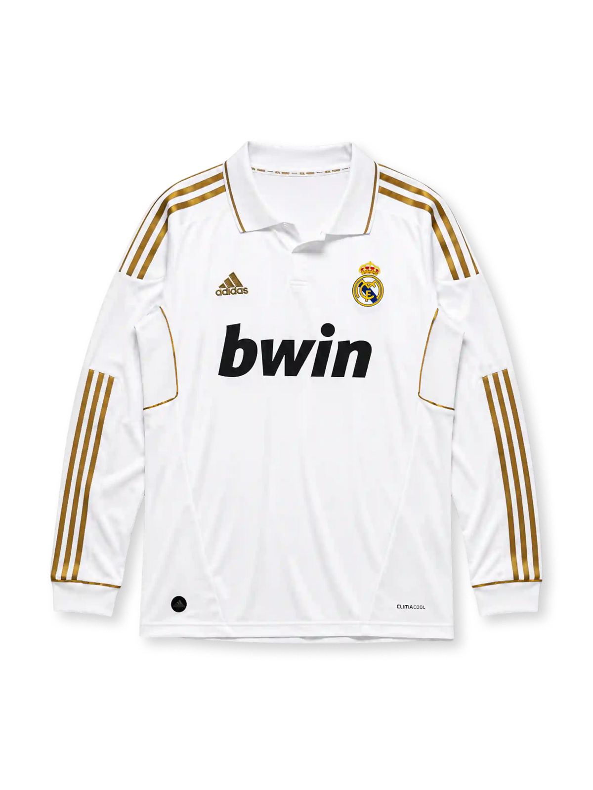 Real Madrid 2011/12 home long sleeve jersey in white with gold adidas stripes and bwin sponsor branding