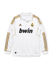 Real Madrid 2011/12 home long sleeve jersey in white with gold adidas stripes and bwin sponsor branding