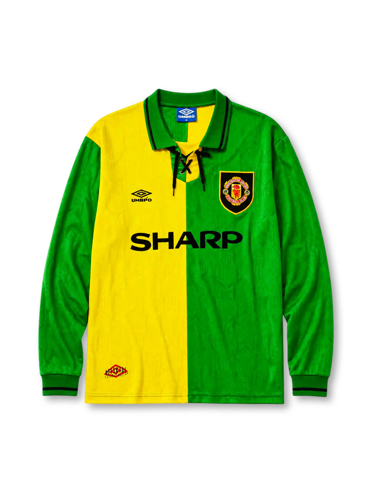 Manchester United 1992-94 Newton Heath third jersey in split green and gold with lace-up collar