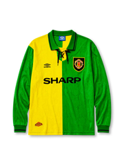 Manchester United 1992-94 Newton Heath third jersey in split green and gold with lace-up collar