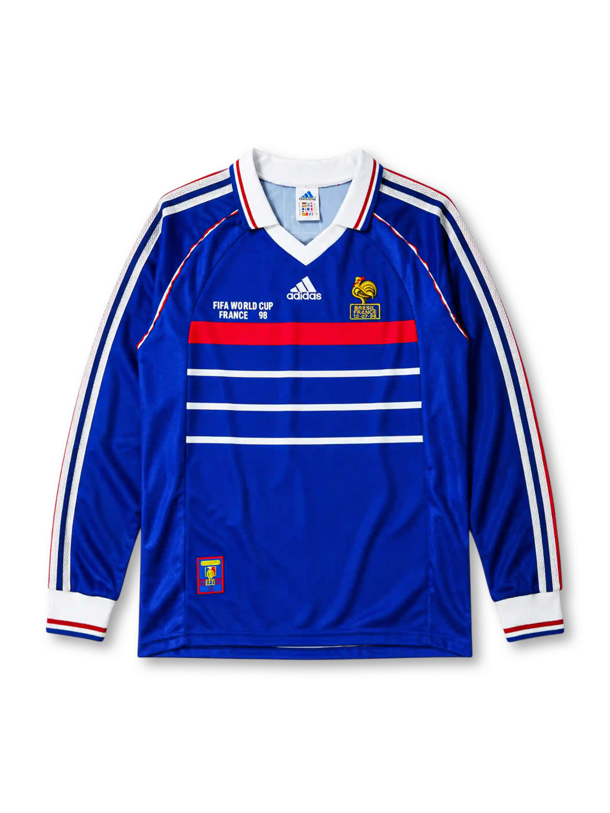 France 1998 World Cup Final home long sleeve jersey with Brésil France 12-07-98 commemorative print