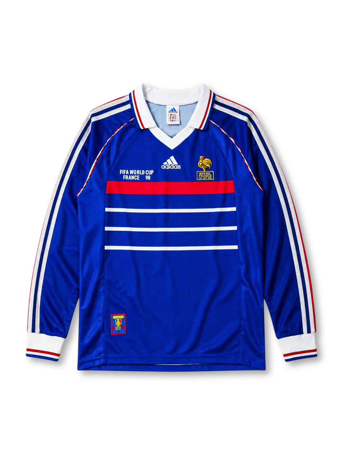 France 1998 World Cup Final home long sleeve jersey with Brésil France 12-07-98 commemorative print