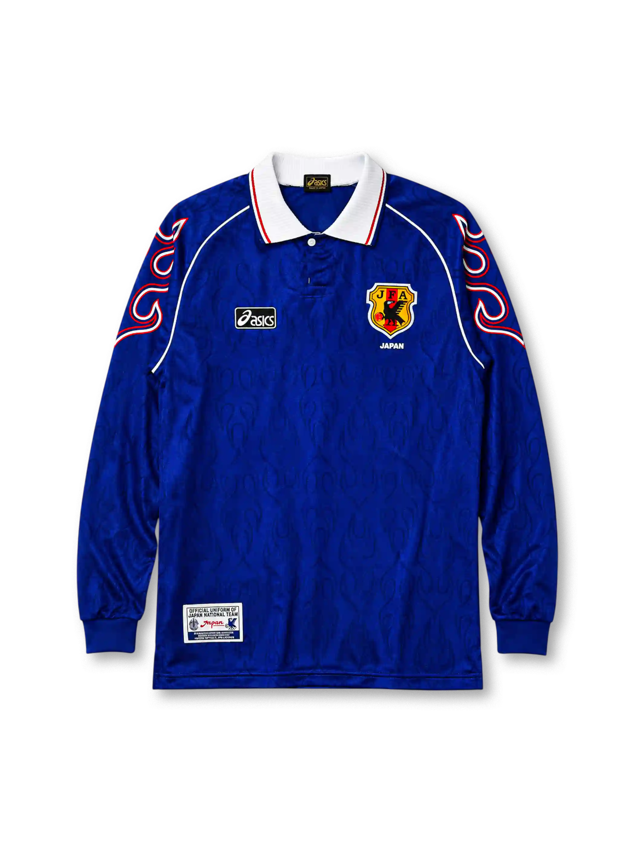 Japan 1998 World Cup home long sleeve jersey in blue with swirling red and white sleeve piping